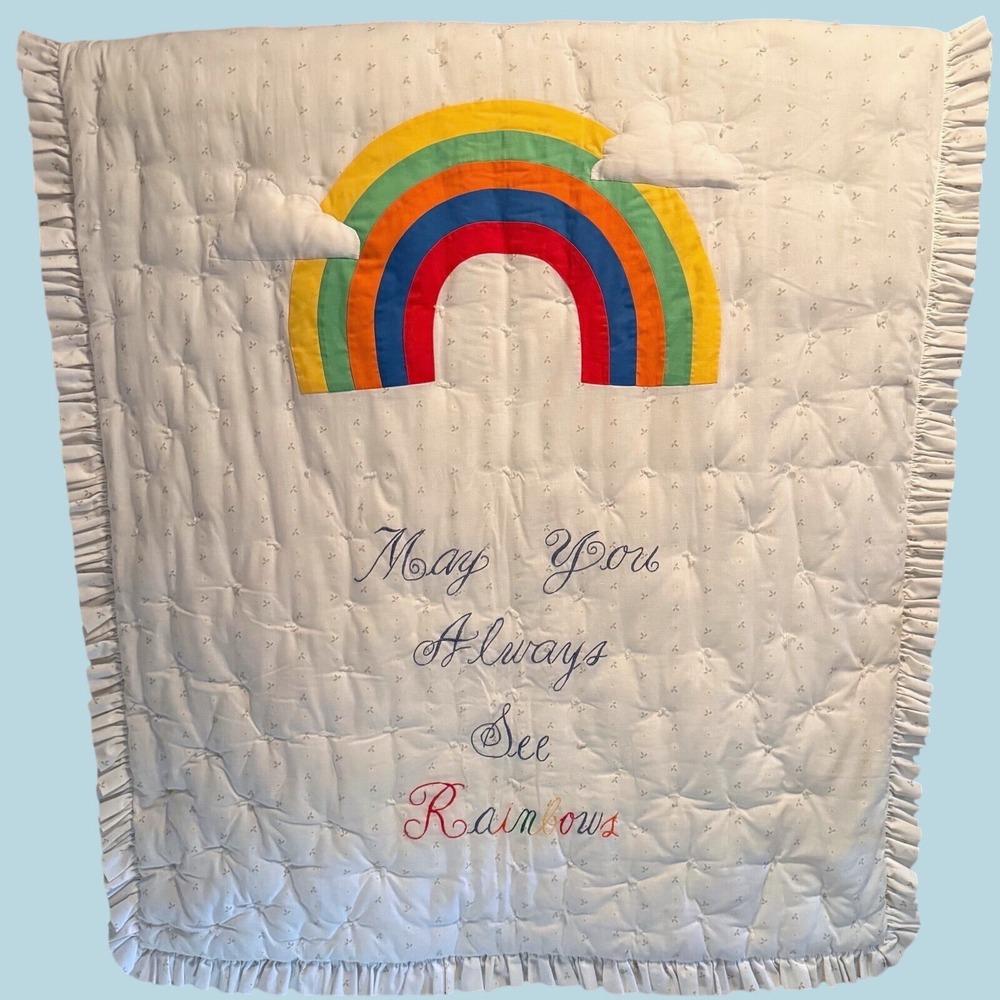 Vintage Rainbow & Clouds Ruffled Baby Quilt & Pillow Case Embroidered Nursery